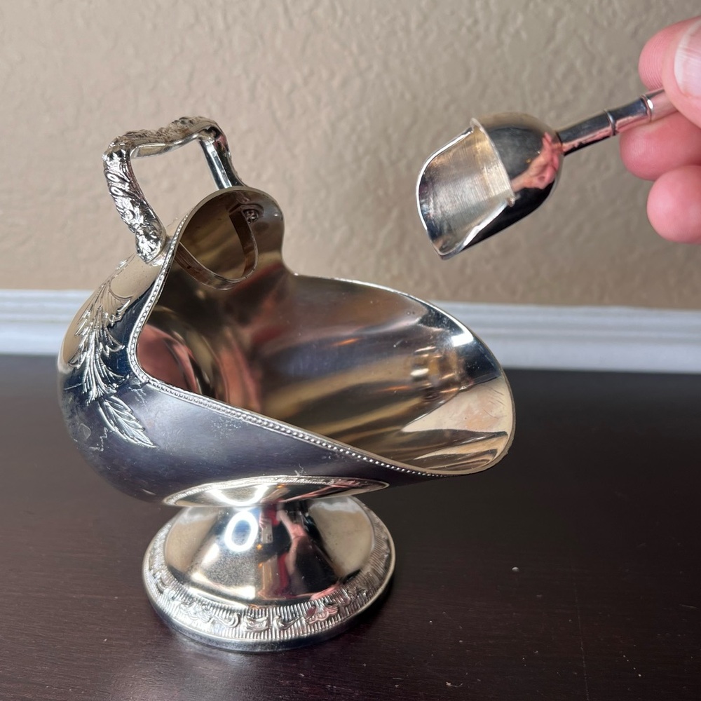 Vintage 1950's Silverplate Sugar Scuttle Japan w Scoop Ornate Floral Handle, Tea